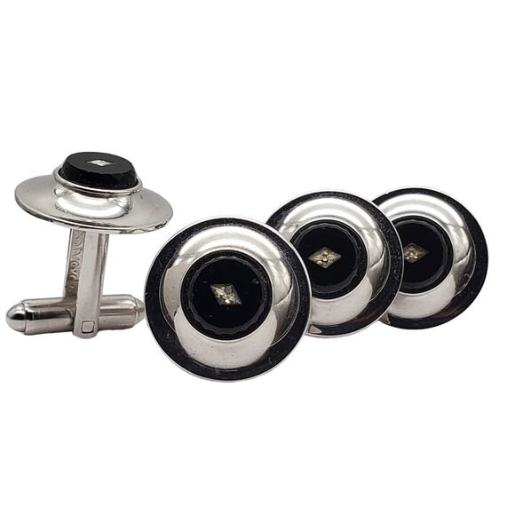 Black Onyx Crystal Cufflinks Shields Fifth Avenue Silver Tone Cuff Link Lot Vtg - Picture 1 of 12